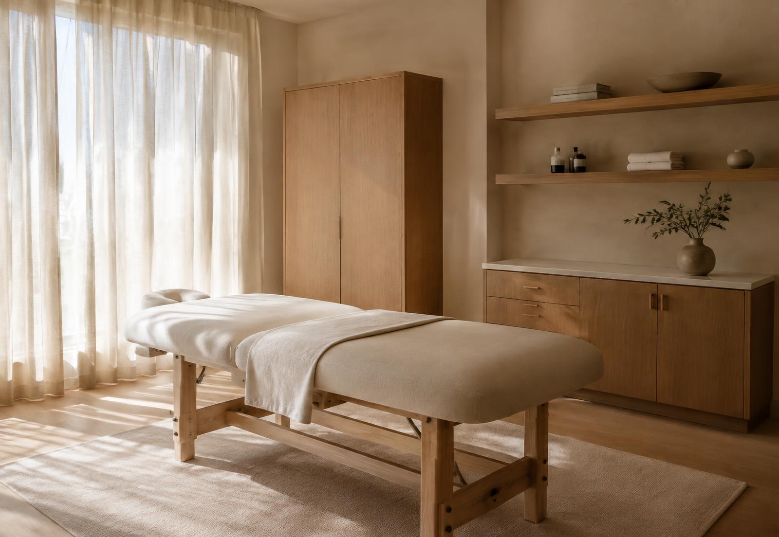 A calm, private treatment room with a padded table and natural light